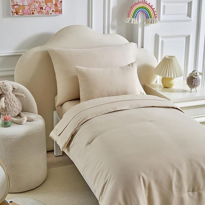 Toddler Bedding Set - 5 Piece Soft and Breathable Toddler Bed Set for Boys and Girls, Includes Quilted Comforter, Fitted Sheet, Flat Top Sheet, Standard Pillowcase and Toddler Pillowcase, Cream Beige