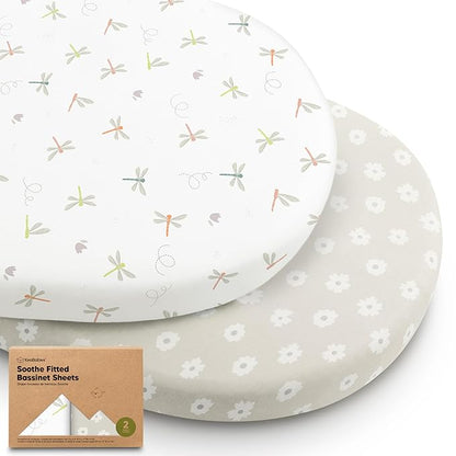2-Pack Organic Bassinet Sheets for Girls, Boys - 100% Cotton Bassinet Mattress Sheets Compatible with Halo Bassinest Swivel Sleeper, Graco, Baby Delight, Chicco, Unisex Fitted Bassinet Sheets (Meadow)