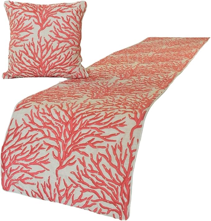 The HomeCentric King/Queen/Twin Coral, Peach & Pink Designer Full 68"x18" Bed Runner with Pillow Cover, Coral Embroidery, Pearl, Under The Sea & Beach Theme on Linen Fabric - Coraline Pearls
