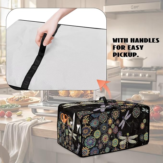 Boho Mandala Dragonfly Print Toaster Oven Cover Dust-Proof Microwave Oven Cloth Cover with Storage Pockets Waterproof Kitchen Machine Covers Case Protections Protector, M