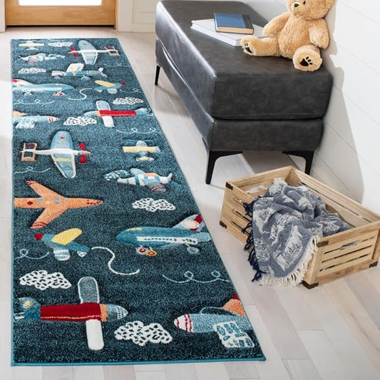 SAFAVIEH Carousel Kids Collection Runner Rug - 2'3" x 6', Navy & Ivory, Non-Shedding & Easy Care, Ideal for High Traffic Areas for Boys & Girls in Playroom, Nursery, Bedroom (CRK167N)
