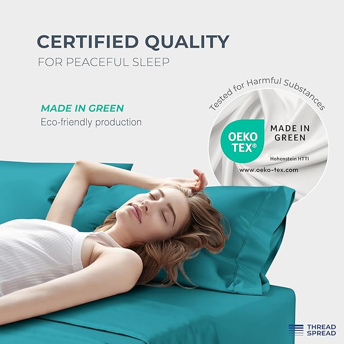 THREAD SPREAD 100% Egyptian Cotton Sheets Queen Size Bed Set - 4 PC 1500 Luxury High Thread Count Teal Egyptian Cotton Queen Bed Sheets, Silky Soft, Cooling, Sateen Weave, 17" Deep Pocket Bedsheet