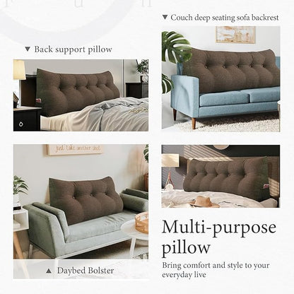 Wedge Headboard Pillow Dorm Room Reading Pillow Back Support for Sitting Up in Bed Bolster Lumbar Cushion Body Positioning Bedrest Cotton Linen 59in Coffee Queen
