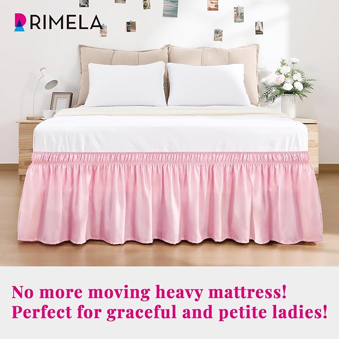 RIMELA Dusty Pink Bed Skirt Queen Size 15 Inch Drop, Wrap Around Elastic Bedskirt, Dust Ruffle for Adjustable Bed Base Machine Washable Easy to Install Bed Skirts
