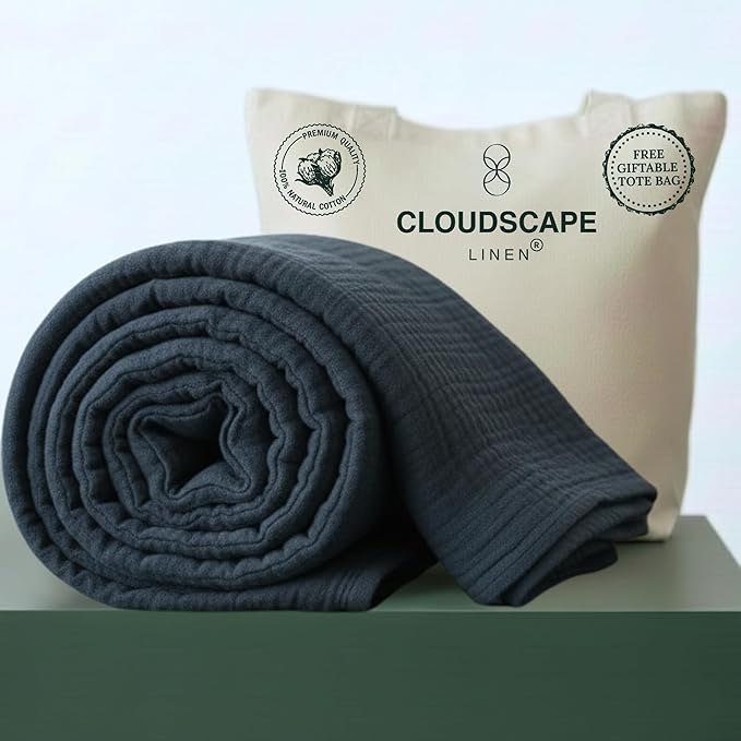 Cloud Scape Linen Oversized 4 Layer Muslin Blanket Twin Size - 100% Cotton, Lightweight & Breathable All Season Gauze, Pre-Washed, for Bed, Couch, fits Twin XL Bed,68x92, Ensign Blue