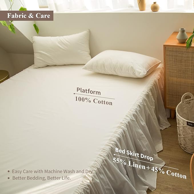 BISELINA French Linen Bed Skirt with Pleated Frills 22-Inch Tailored Drop Natural Flax Cotton Blend Dust Ruffle Soft Cozy Farmhouse Bedding (22" Twin, White)