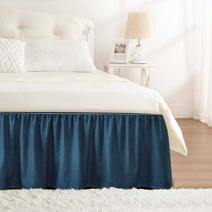 RIMELA Dusty Navy Bed Skirt King Size 15 Inch Drop, Wrap Around Elastic Bedskirt, Dust Ruffle for Adjustable Bed Base Machine Washable Easy to Install Bed Skirts