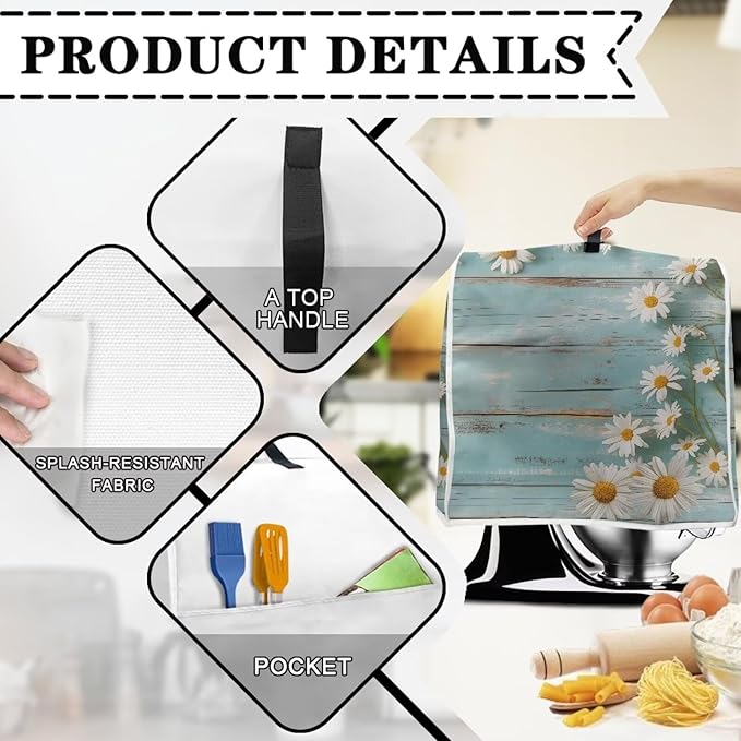 Daisy Stand Mixer Cover Teal Wood Kitchen Appliance Cover for 6-8 Quart Mixers Washable Food Processor Protective Covers Kitchen Mixers Accessories