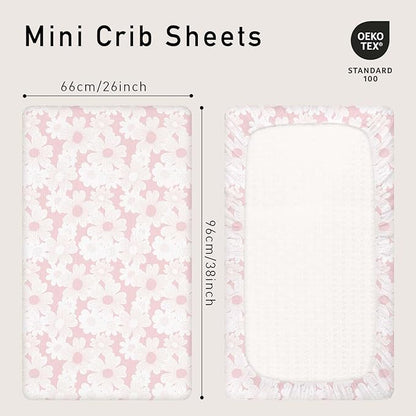 Gllquen Baby Muslin Mini Crib Sheets 3 Pack, Breathable Pack and Play Sheets Fitted Soft Cozy Cotton Pack N Play Sheets for Baby Boy Girls, Universal Fitted Mini Crib Mattresses 38"x26" (Pink)
