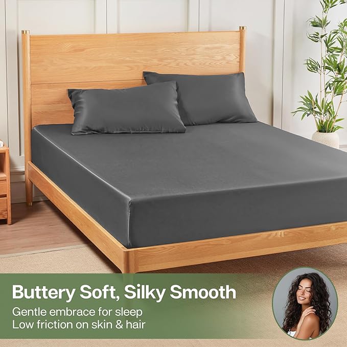 MR&HM Full Fitted Sheet Only, Ultra-Soft Rayon Derived from Bamboo & Polyester Blend, Silky & Breathable, 15" Deep Pocket with Elastic Straps, Cooling Fitted Sheet for Hot Sleepers, Grey