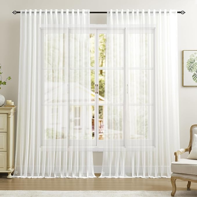 Dreaming Casa White Sheer Curtains 102 Inches Long, Rod Pocket & Back Tab Light Filtering Textured Sheers for Living Room Bedroom, 2 Panels, Each 100" W x 102" L