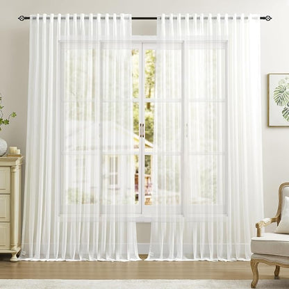 Dreaming Casa White Sheer Curtains 102 Inches Long, Rod Pocket & Back Tab Light Filtering Textured Sheers for Living Room Bedroom, 2 Panels, Each 100" W x 102" L