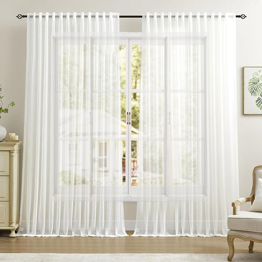 Dreaming Casa White Sheer Curtains 102 Inches Long, Rod Pocket & Back Tab Light Filtering Textured Sheers for Living Room Bedroom, 2 Panels, Each 100" W x 102" L