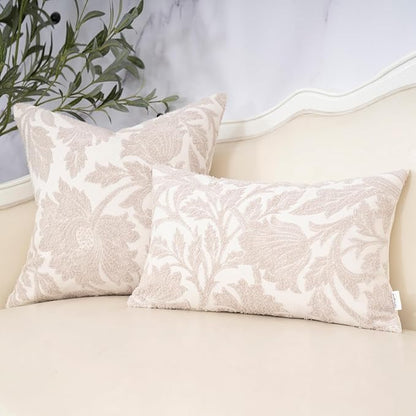 Yangest Chenille Floral Pillow Cover 20 x 20 Inches, Neutral Jacquard Square Throw Pillow Cover Soft Decorative Nature Accent Couch Pillow Cover for Living Room Bedroom, Beige