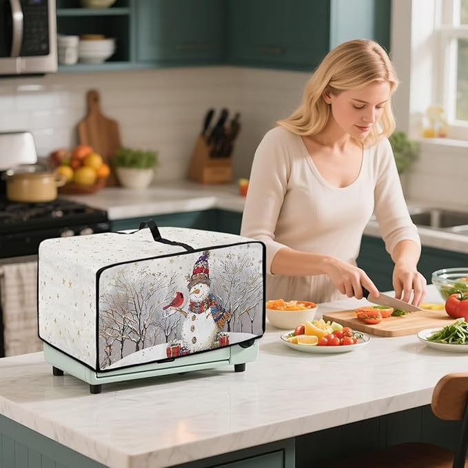 Christmas Air Fryer Toaster Oven Dust Cover Dustproof Convection Oven Cover with Pockets for Small Kitchen Appliances, L, 18.5 x 22.5 x 13 Inches, Snowman Cardinal Bird Tree Star White