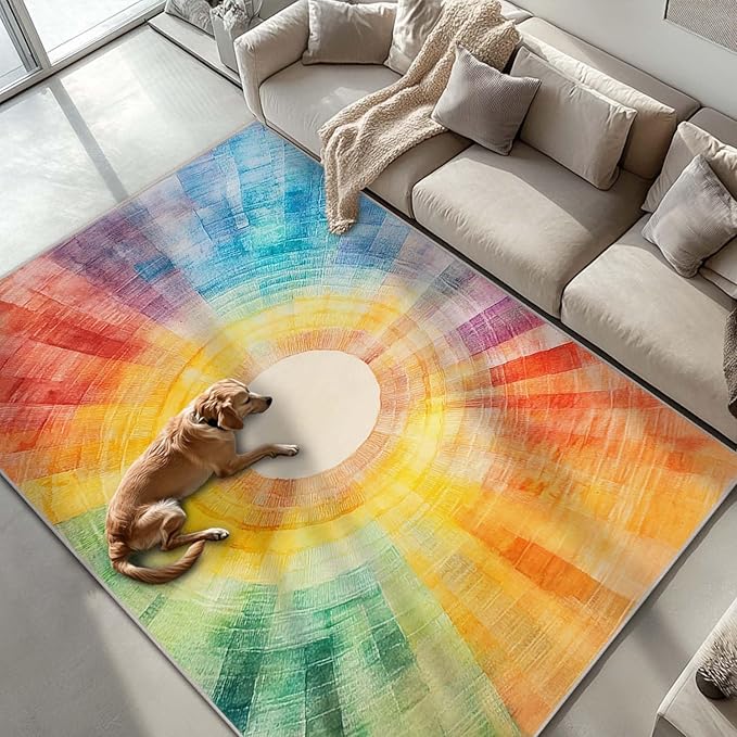 6x9 Colorful Area Rug Boho Sun Purple Red Orange Yellow Blue Green Rug Non Slip Low Pile Large Carpet for Home Kitchen Living Room Bedroom Dining Room Office