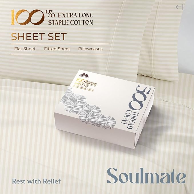 Mayfair Linen 100% Cotton Striped Sheets King Size Bed Set - 500 Thread Count Damask Sheets King Size 4 PC Set (Beige Stripe), Soft, Cooling, Sateen Weave Hotel-Quality 16" Deep Pocket Bedsheet