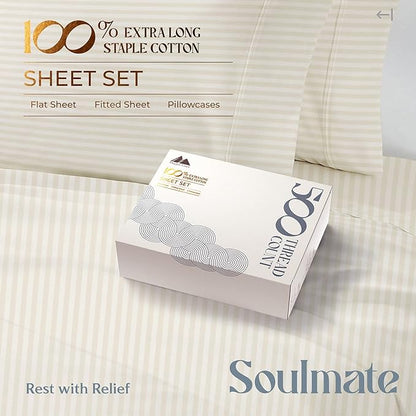 Mayfair Linen 100% Cotton Striped Sheets King Size Bed Set - 500 Thread Count Damask Sheets King Size 4 PC Set (Beige Stripe), Soft, Cooling, Sateen Weave Hotel-Quality 16" Deep Pocket Bedsheet