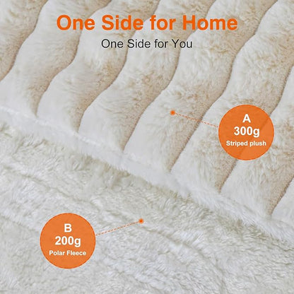 Heated Blanket 84"X90",Fast Heating Blanket with 6 Heat Levels 10 Hours Auto-Off Overheat Protection,Stripe Faux Rabbit Fur Soft Warm Electric Blanket, ETL Certified,Cream