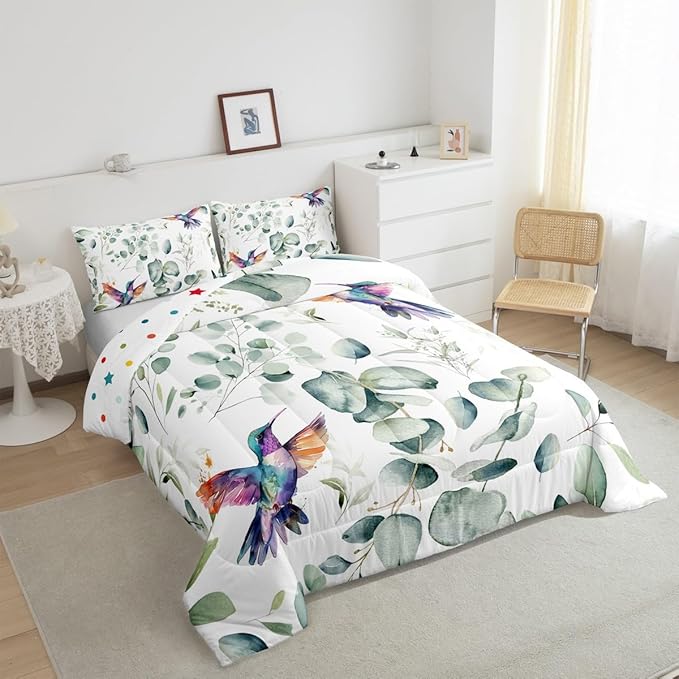 Erosebridal Cartoon Hummingbird Bedding Toddler Size Wildlife Bird Comforter Set, Plant Duvet Insert Eucalyptus Leaf Quilt Comforter, Jungle Animal Theme Bedding Comforters & Sets Kids Room Decor