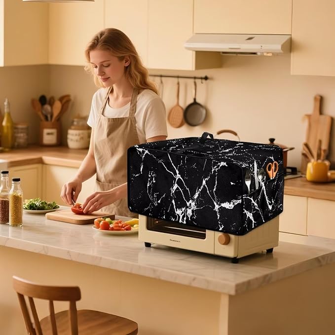 Air Fryer Toaster Oven Dust Cover Protective Microwave Oven Cover with Pockets, Dust-proof Countertop Appliance Protector, M, 16.5 x 20.5 x 10 Inches, Black Marble White Crack