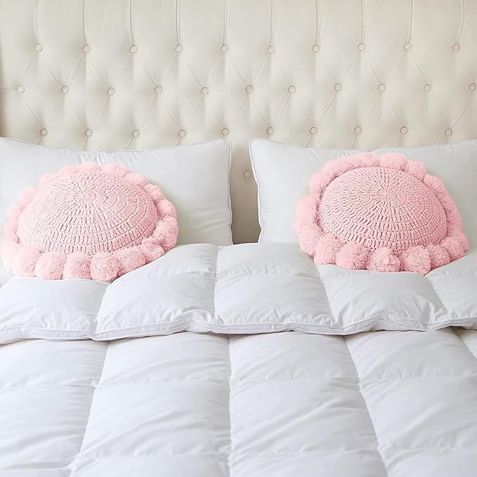 Boho Round Throw Pillow with Cute Handmade Pom Poms Tassels 18 Inch, Decorative Circular Knitted Crochet Cushion for Couch, Sofa, Chair, Bed, Pink