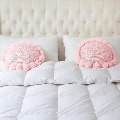 Boho Round Throw Pillow with Cute Handmade Pom Poms Tassels 18 Inch, Decorative Circular Knitted Crochet Cushion for Couch, Sofa, Chair, Bed, Pink