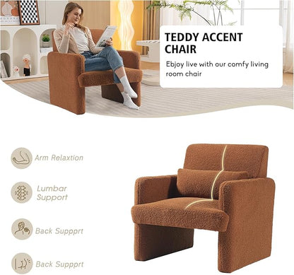 Gaussen Sherpa Accent Chair Mid Century Modern Living Room Chairs with Pillow Fluffy Single Sofa Chair Upholstered Arm Chair Oversized Reading Chair Comfy Chair for Bedroom/Office/Cafe (Autumn)