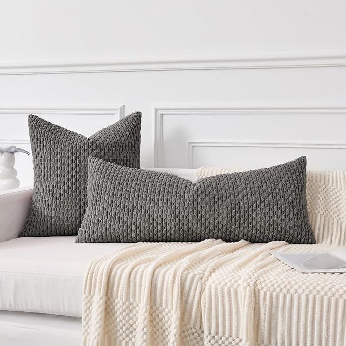 Kevin Textile 14x36 Inch Long Lumbar 1 Pack Boho Decorative Throw Pillow Cover Soft Striped Corduroy Rectangle Cushion Case Farmhouse Accent for Living Room Couch Sofa Bed, Dark Grey