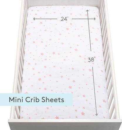 Newton Baby Fitted Mini Crib Sheets (2-Pack) | Organic Muslin Cotton, Breathable & Soft Baby Sheets, Washable Baby Mattress Sheets, Fits Mini Crib Mattresses 24" x 38", Stardust Coral & Plain White