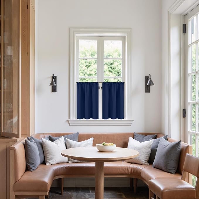 BGment Navy Blue Cafe Curtains for Small Window 24 Inch Length - Half Window Drapes with Rod Pocket for Blackout Blinds Privacy for Kitchen Bathroom, 2 Panels, 29 x 24 Inch