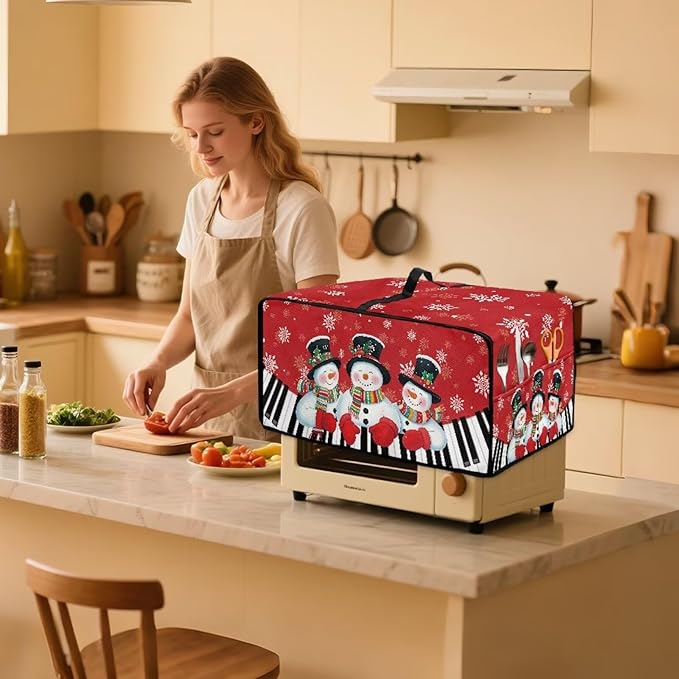 Christmas Air Fryer Toaster Oven Cover with Side Pockets, Holiday Festival Decor Electrical Appliance Cover Kitchen Countertop Accessories and Decor, S, Snowman Piano Keys Snowflake Red