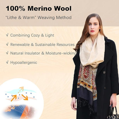 DANA XU 100% Merino Wool Extra Large Pashmina Blanket Travel Scarf Cashmere Wrap for Women Fall Winter Oversize Shawl Floral