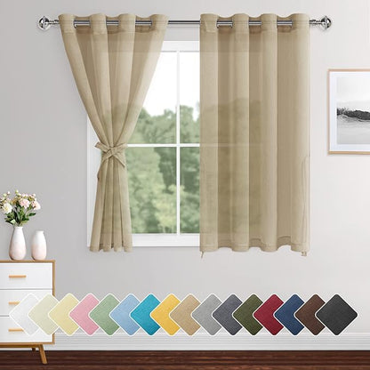 XWZO Sheer Curtains for Bedroom, Grommet Airy & Lightweight Light Filtering Faux Linen Window Curtains for Living Room, Kids' Room, Office with Tiebacks, Camel, W52 x L54, Set of 2 Soft Panels