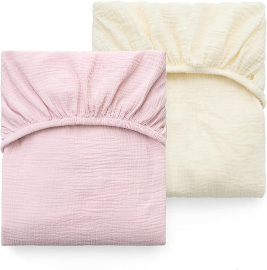 Momcozy Muslin Standard Fitted Crib Sheets, 52"x28", 2 Pack Soft Breathable Natural Cotton Baby Mattress Sheet, 360° Mattress Wrapping No Slip Boys Girls Neutral Toddler Bed Sheet, Beige Blush