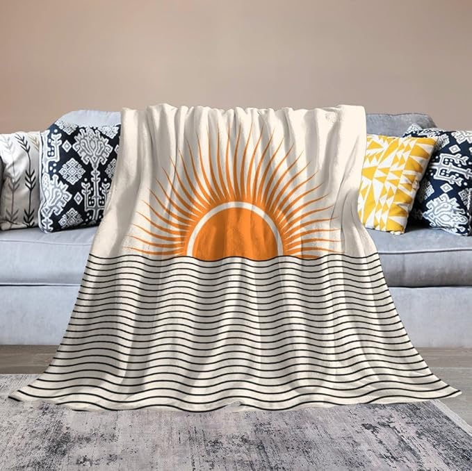 Abstract Sunset Throw Blanket, Boho Mid Century Geometric Minimalist Aesthetic Wave Sunrise Soft Warm Blankets for Couch Bedroom Sofa Office, 40"x50"