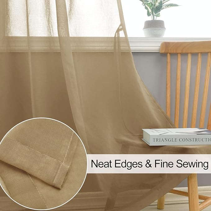 XWZO Sheer Curtains for Bedroom, Grommet Airy & Lightweight Light Filtering Faux Linen Window Curtains for Living Room, Kids' Room, Office with Tiebacks, Camel, W52 x L54, Set of 2 Soft Panels