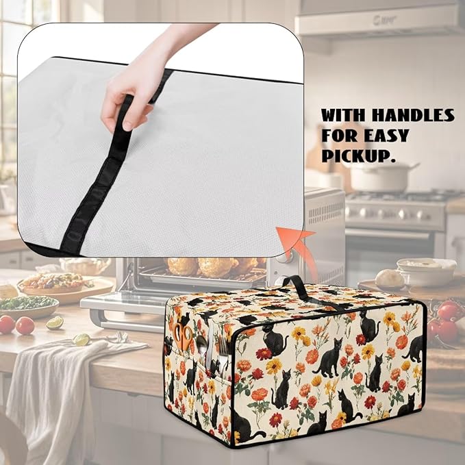 Black Cat Rose Daisy Floral Print Microwave Oven Cover with Storage Pockets Toaster Oven Dust Cover Universal Dustproof Kitchen Appliance Protector Suitable for Most Microwave Ovens, S