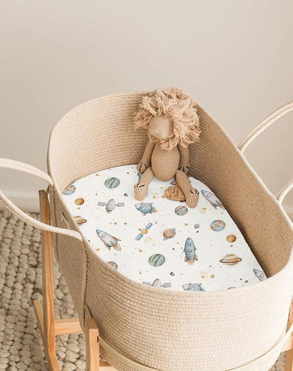 Bassinet Sheets for Baby Girls Boys 2 Pack, Fitted Baby Mattress Sheet for Rectangle, Oval, Hourglass Bassinet Mattress, Breathable Cozy & Universal Fit (Stellar Adventure)