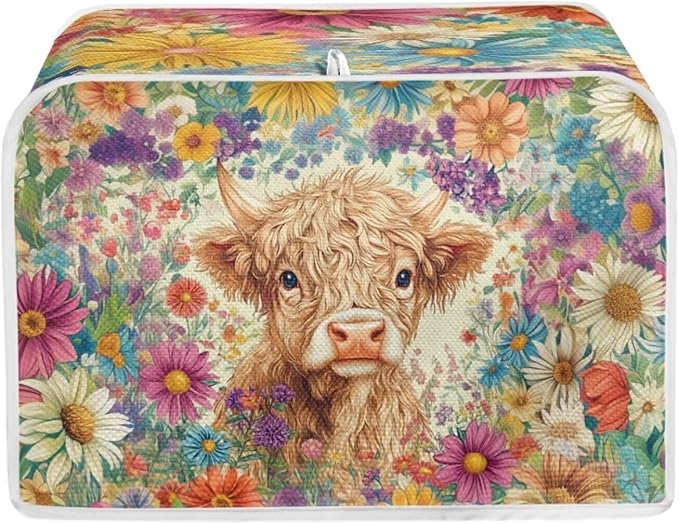 ZFRXIGN Flower Highland Cow Toaster Covers 4 Slice Toaster Dust Cover Hippie Toaster Bag Kitchen Appliance Covers Toaster Oven Dustproof Cover Washable Western Cattle Toaster Cover