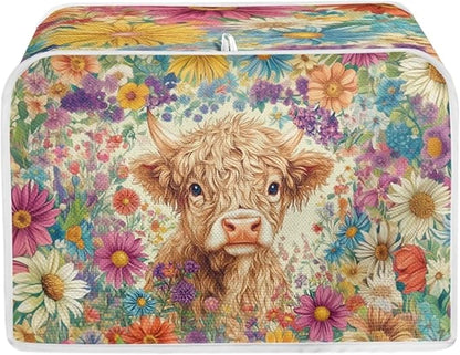 ZFRXIGN Flower Highland Cow Toaster Covers 4 Slice Toaster Dust Cover Hippie Toaster Bag Kitchen Appliance Covers Toaster Oven Dustproof Cover Washable Western Cattle Toaster Cover