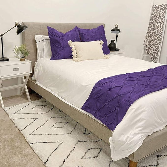 Bed Runner Set - 100% Pure Cotton 800 Thread Count - Luxury 1 Pinch Pleated Bed Runner and 2 Pillow Cover - 3 Piece Pinch Pleated Bed Runner Set Twin, Purple