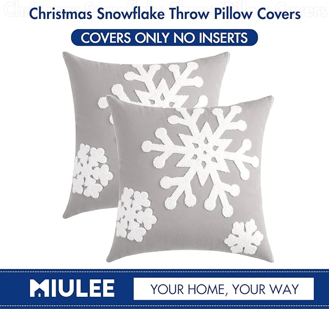 MIULEE Pack of 2 Christmas Decorative Snowflake Throw Pillow Covers Canvas Embroidery Winter Cushion Cases Holiday Decor Soft Pillowcases for Winter Couch Sofa Bedroom Car（Grey, 20x20in）
