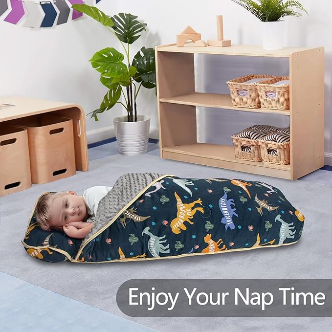 Primlect Thickened Toddler Nap Mat with Removable Pillow and Minky Blanket, Extra Large 55''x35'' Sleeping Bag, Washable, Roll up, Perfect for Daycare, Preschool, Kindergarten, Boys and Girls Dinosaur