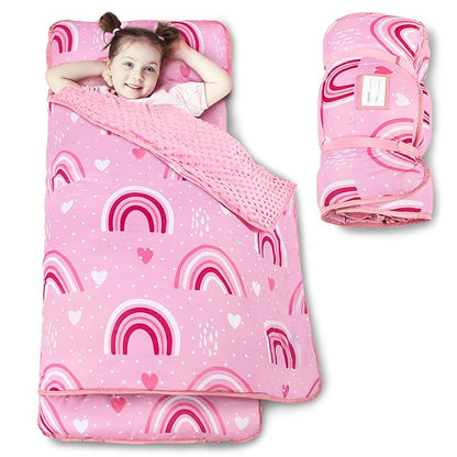 Toddler Nap Mat with Pillow and Minky Blanket, Large 55"x35" Sleeping Bag, Washable, Lightweight, Easy to Roll, Perfect for Preschool, Daycare, Kindergarten, Travel, Boys and Girls(Rainbow)