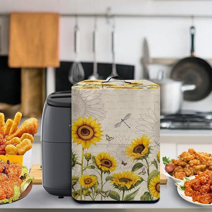 Air Fryer Cover Kitchen Appliance Cover with Top Handle and Accessories Pockets Stain Resistant Washable Ideal Gift for Women Wife, Sunflower Dragonfly Retro