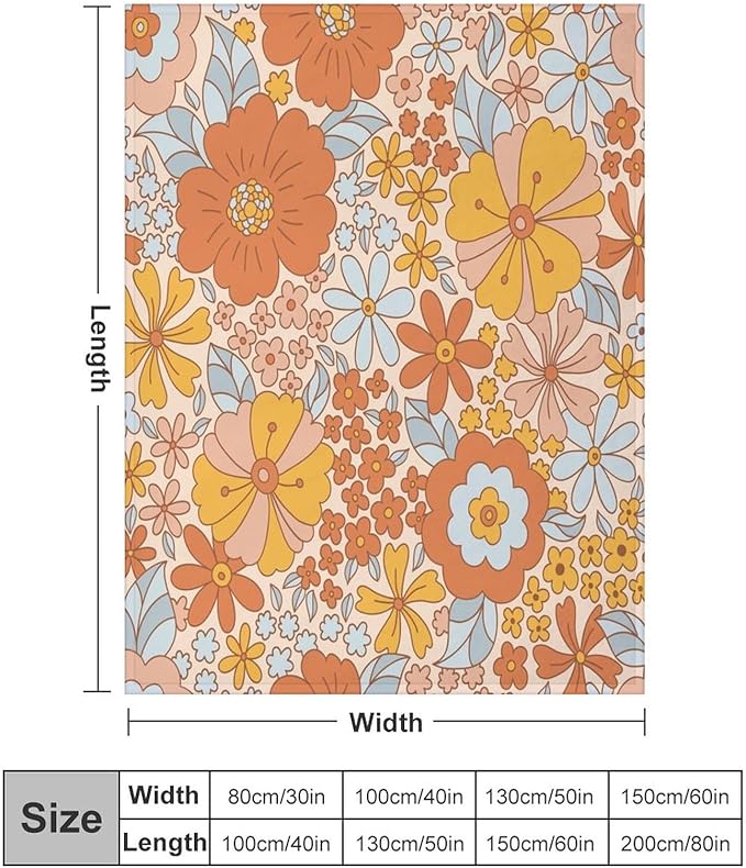 Retro 70s Floral Blanket, Hippie Summer Groovy Flower Power Flower Boho Print Throw Blanket for Couch Sofa Couch Chair 60"x80"