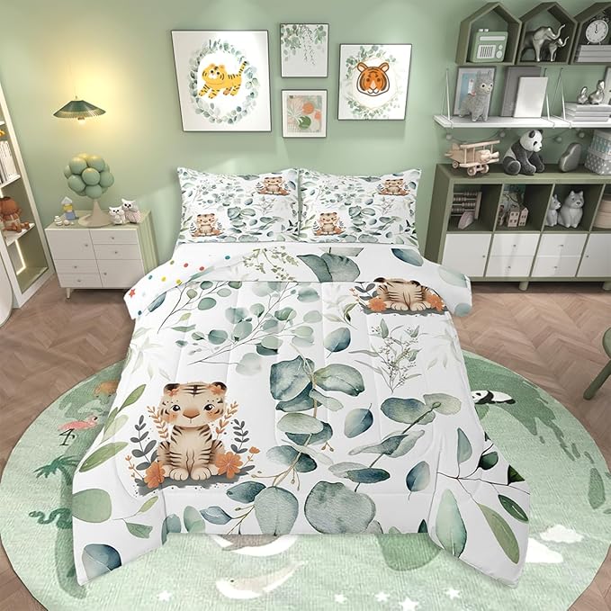 Erosebridal Kids Cute Animal Twin Comforter Set for Girls Boys Cartoon Tiger Bedding Set Twin, Spring Eucalyptus Bedding Comforter Sets Leaves Duvet Set, Kawaii Jungle Animal Quilted Comforter