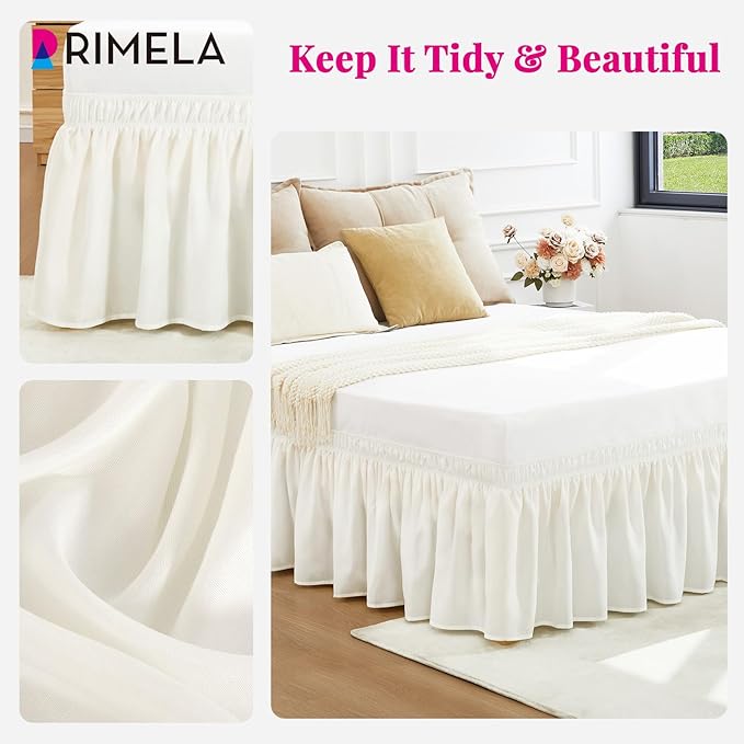 RIMELA Warm White Bed Skirt Queen 25 Inch Drop, Elastic Bed Skirts Queen Size Dust Ruffle, Bedskirt for Adjustable Bed Base, Wrinkle & Fade Resistant Silky Luxurious Fabric Easy to Install