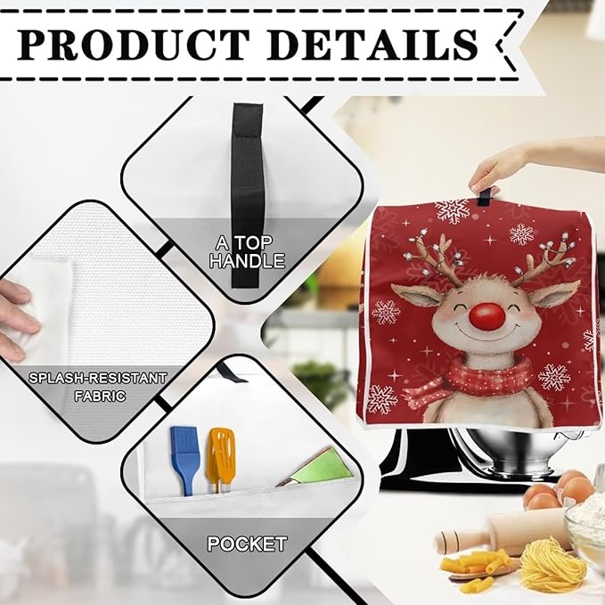 Christmas Reindeer Stand Mixer Cover 4.5-5 Quart Kitchen Mixer Cover Washable Food Processor Protective Covers Dust Protection Insulated Kitchen Appliance Cover Xmas Decor